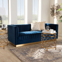 Baxton Studio TSF-BAX66113-Navy/Gold-SF Aveline Glam and Luxe Navy Blue Velvet Fabric Upholstered Brushed Gold Finished Sofa